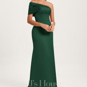 JJ House Hunter Green A-line Asymmetrical Off the Shoulder Floor-Length Sa